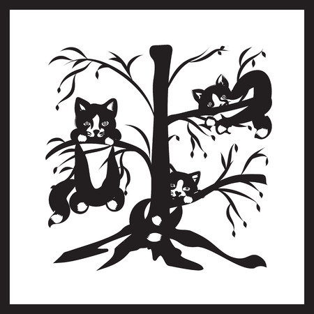 three cats sitting on the branches of a tree symbol of spring black and white illustrationのイラスト素材