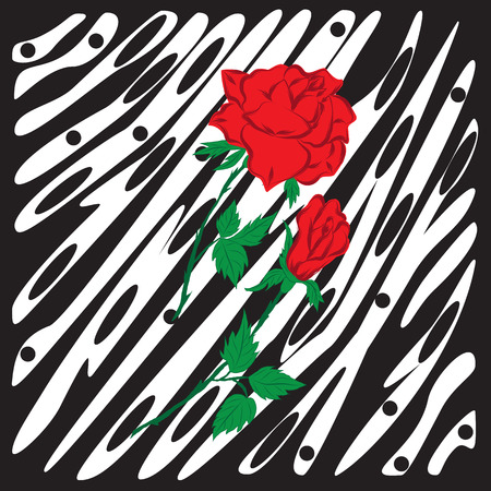 red rose and bud on a long green stem with leaves in the background decoration of black and white greeting cards invitations of the wedding  birthday  Valentine's Day  Mother's Dayのイラスト素材