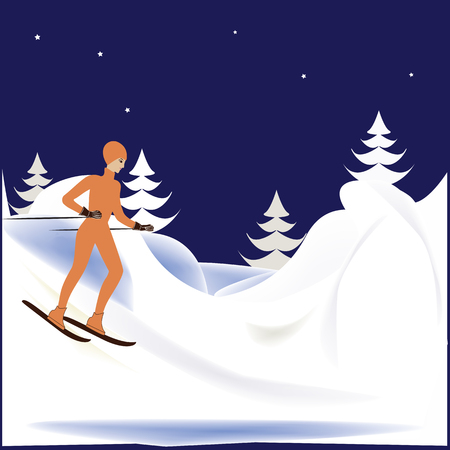 woman on skis mountain snow  trees winter   background art illustrationのイラスト素材