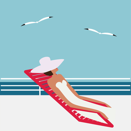 woman in a white hat on a sun lounger on the deck in a sea gull abstract art illustration minimalism flat styleのイラスト素材