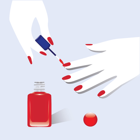 nail polish red manicure on hands brush glass bottle isolated art illustration design  Cosmetics white backgroundのイラスト素材