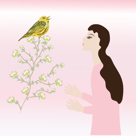 Spring light background morning bird on a branch with flowers girl greeting card Valentine's Day Birthday Easterのイラスト素材