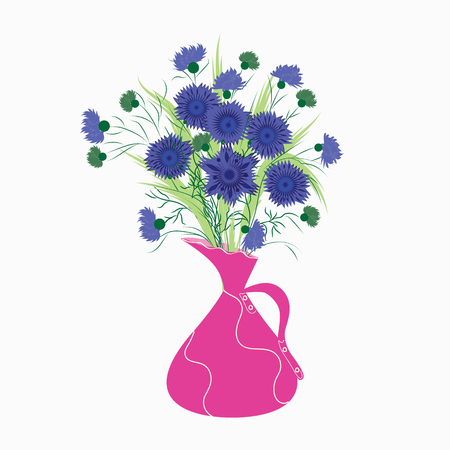 Spring bouquet of cornflowers isolated on white background in pink pitcherのイラスト素材