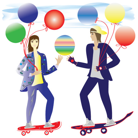 girl and guy skateboarding air balloons light romantic background Valentine's Day loving coupleのイラスト素材
