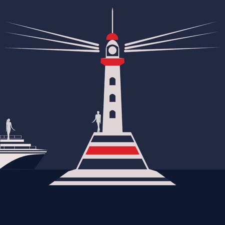 lighthouse sea night landscape yacht silhouette of a man and woman abstract art illustration minimalism flat style  blue backgroundのイラスト素材
