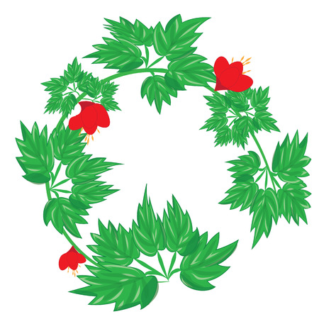 Green branch with red flowers round frame isolated on white background greeting card for Mother's Day Easter Valentineのイラスト素材