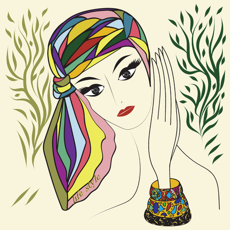 woman in a head scarf multi-colored bracelets bright stylized hand drawing on an isolated white backgroundのイラスト素材