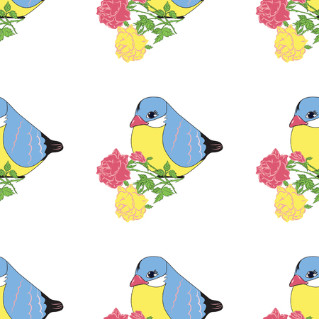 Bird with bright colored pattern a bouquet of roses abstraction design on a white backgroundのイラスト素材
