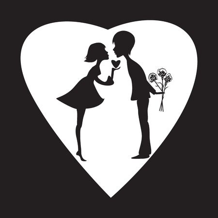 silhouette of a girl and a boy on a white heart Valentine Day black backgroundのイラスト素材
