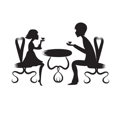 black silhouette of a boy and a girl sitting on the chairs at the table white backgroundのイラスト素材