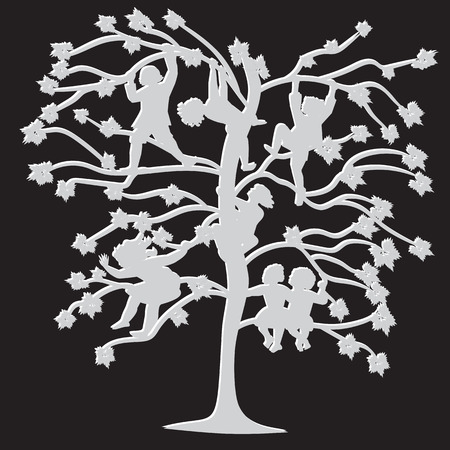black and white silhouettes of children on the branches of trees in spring and summer abstract illustration isolated on a black backgroundのイラスト素材