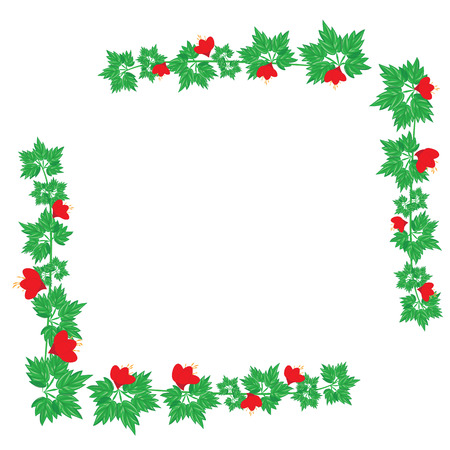 green branch with red flowers corner frame isolated on white background for Valentine's Day greeting card Mother Easterのイラスト素材