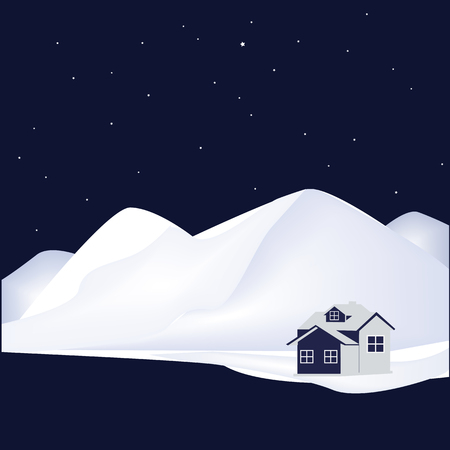mountains Snow house night stars abstract art illustration tourism travel winter navy blue and white backgroundのイラスト素材