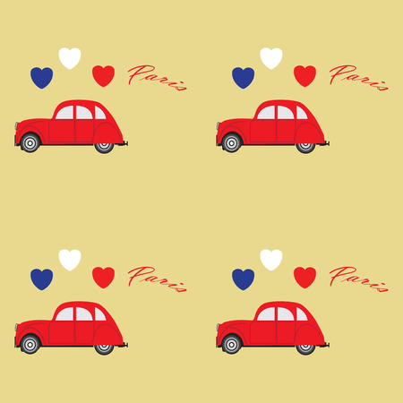 retro red car three hearts abstract art illustration inscription Paris light background  patternのイラスト素材