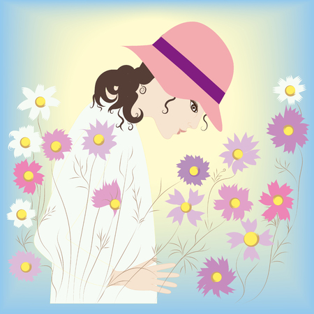 girl in the hat of daisies field flowers spring and summer backgroundのイラスト素材