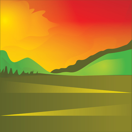 Landscape sun red sky clouds field hills abstract art illustration creative modern bright backgroundのイラスト素材