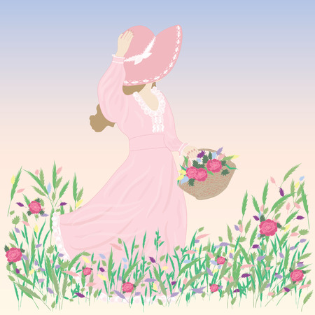 woman in a hat picture wildflowers field meadow blue windy spring summer backgroundのイラスト素材