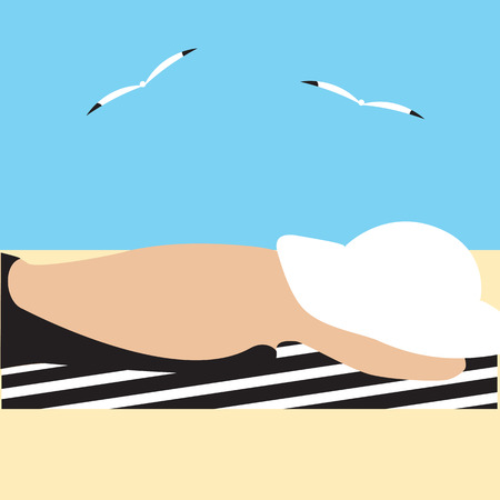 silhouette of woman in black swimsuit closed white hat lying on a towel on the sandy beach of the sea gull abstract art illustration flat style tourism travel light backgroundのイラスト素材