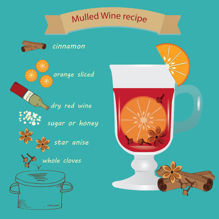 recipe for mulled wine ingredients for Christmas hot drink. Page booklet magazines. Advertising for cafes and restaurants. The recipe for a cookbookのイラスト素材