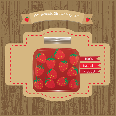 mock up packaging wooden background glass jar of strawberry jam labeledのイラスト素材