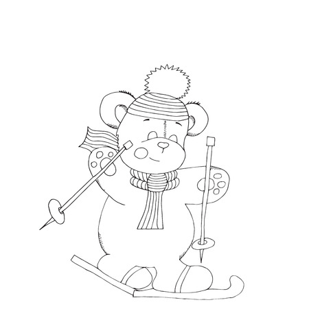 Christmas ink sketch of a bear goes on skis winter coloring book anti-stress for children vectorのイラスト素材