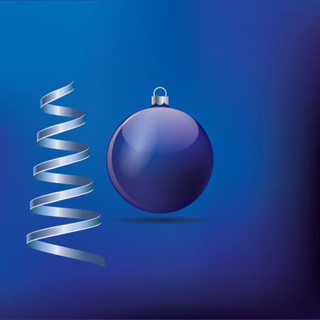 Dark blue ball of glass and light blue streamer isolated on blue mesh background festive decoration design element vector Christmas New Yearのイラスト素材