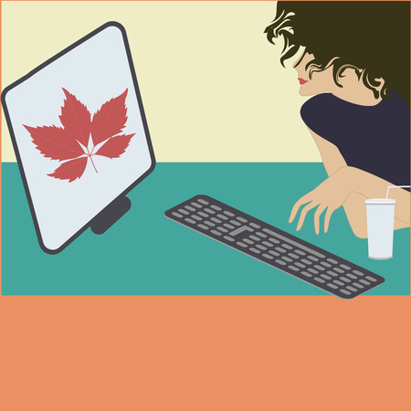 computer woman coffee cup art creative modern illustration flat style vector Promotional posterのイラスト素材