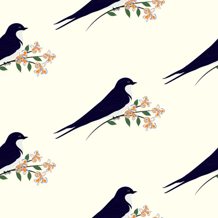 Swallow sitting on a branch with flowers pattern light background art creative modern vectorのイラスト素材