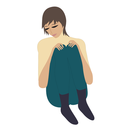 young man sitting head bowed and hands holding knee reflects isolated on white background art creative vector illustrationのイラスト素材