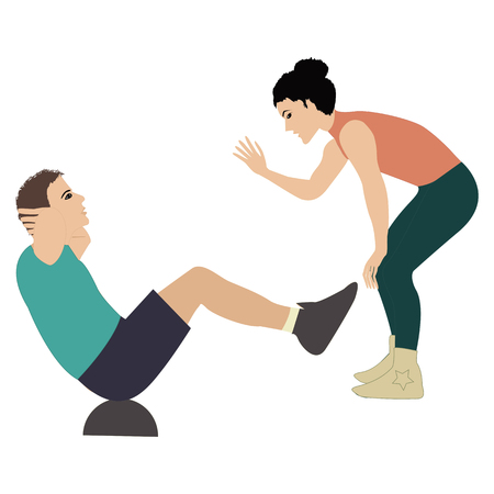 girl fitness instructor holds training session man shakes the press insulated by on white background vector illustrationのイラスト素材