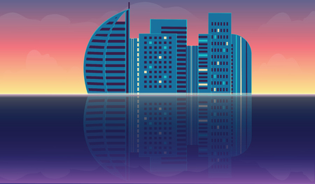 sea landscape city sunrise cloud sunset reflected in water abstract art creative modern vector illustration Travel Posterのイラスト素材