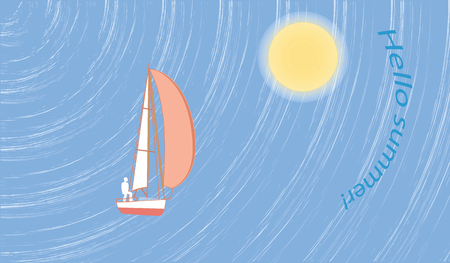 background sea waves yacht sun inscription Hello Summer abstract art creative vector illustrationのイラスト素材