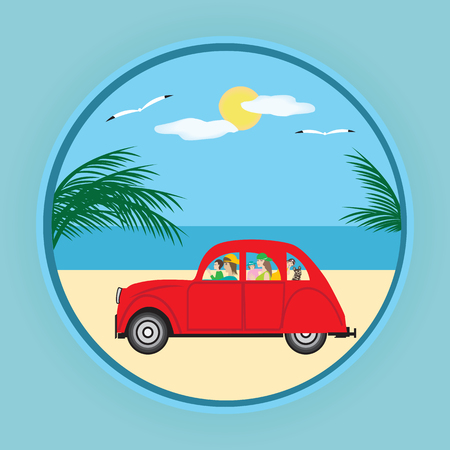 small red car family parents children dog palm sea sun gull art creative modern vector design element of tourism logoのイラスト素材