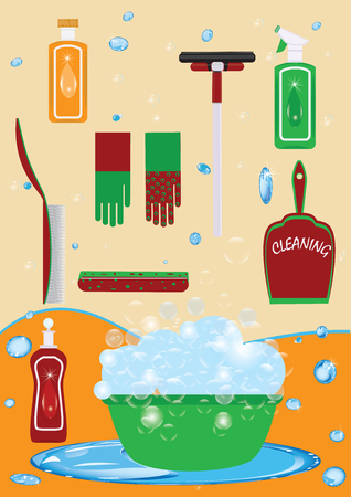 Set of multicolored for cleaning detergent in a bottle of gloves scoop with a brush of a sponge of washbowl soap of a foam wiper, isolated light art background creative vector illustration element for designのイラスト素材