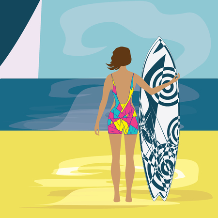 Woman surfer on the shore of the sea art creative modern vector illustration travel posterのイラスト素材