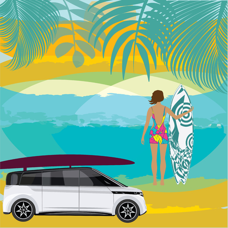 Surfing Woman surfboard car Sea palm leaf creative abstract art vector illustration Travel Posterのイラスト素材