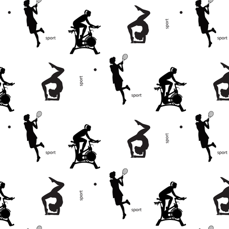 pattern sports black silhouettes on a white background exercise bike athletes tennis gymnasticsのイラスト素材