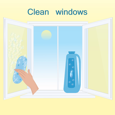 Set for cleaning open window transparent glass landscape outside window female hand detergent in bottle sponge isolated light background art creative vector illustration element for designのイラスト素材