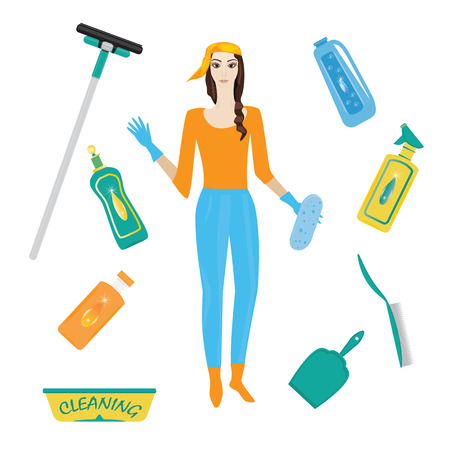 Set for cleaning woman in rubber gloves detergent in bottle scoop brush sponge wiper isolated white background art creative vector illustration element for designのイラスト素材