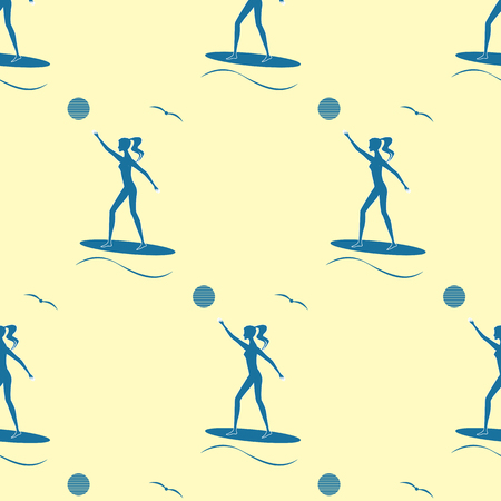 pattern surfer girl surfboard sun wave seagull flat style modern art creative vector blue on a light backgroundのイラスト素材