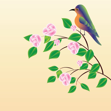 Branch with pink flowers and exotic bird on background light creative art abstract modern vectorのイラスト素材