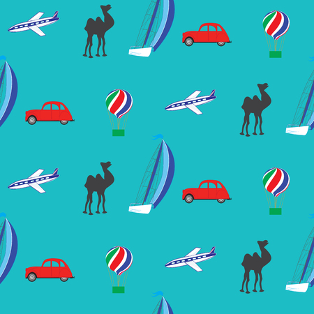 Pattern travel means of transport car airplane balloon camel sailboat background color art abstract modern creative vectorのイラスト素材