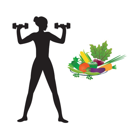 Sport healthy food sketch female dumbbell multicolor set of fresh vegetables isolated on white background art creative modern vectorのイラスト素材