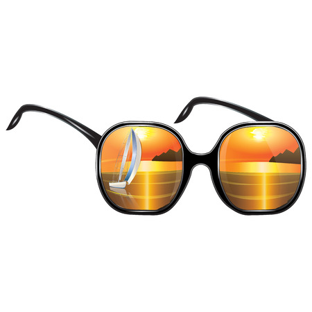 Sunglasses with reflection of seascape sunset sailboat isolated on white background art abstract creative modern vectorのイラスト素材