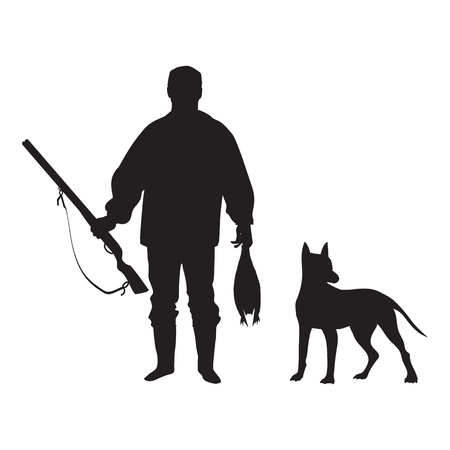 Sketch of a hunter with a gun holding a duck in hands next to a standing dog isolated on white background vectorのイラスト素材