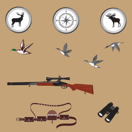 Hunting banner. Compass, gun with night vision device, emblems deer and moose, binoculars, bandolier - isolated on a light background - art creative modern vector illustrationのイラスト素材