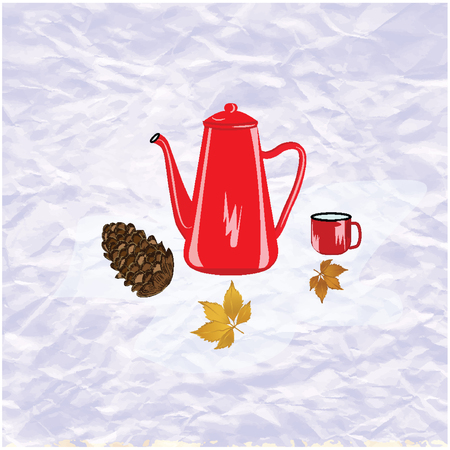 Winter banner - snow - compressed paper, - red jug, mug, Christmas tree, yellow leaves - art creative modern, vector.のイラスト素材