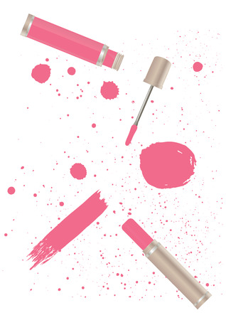 Set - lipstick tube, liquid lipstick, watercolor stains, spray, brush stroke in grunge style - pink color on white background - isolated - art creative modern abstract vectorのイラスト素材
