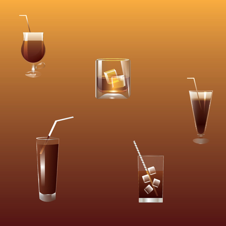 Set of five drinks of brown tones - in transparent glasses of different shapes - cognac, cocktail, coffee liqueur - art creative modern vector illustrationのイラスト素材