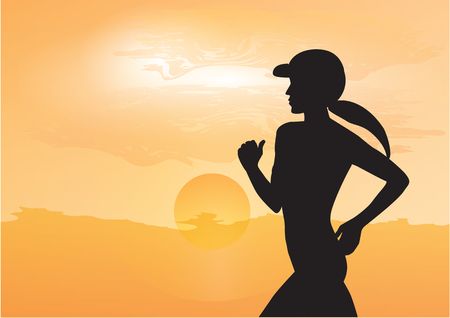 Female athlete jogging early in the morning, rising yellow sun - art, creative, modern vector illustration. Sports bannerのイラスト素材